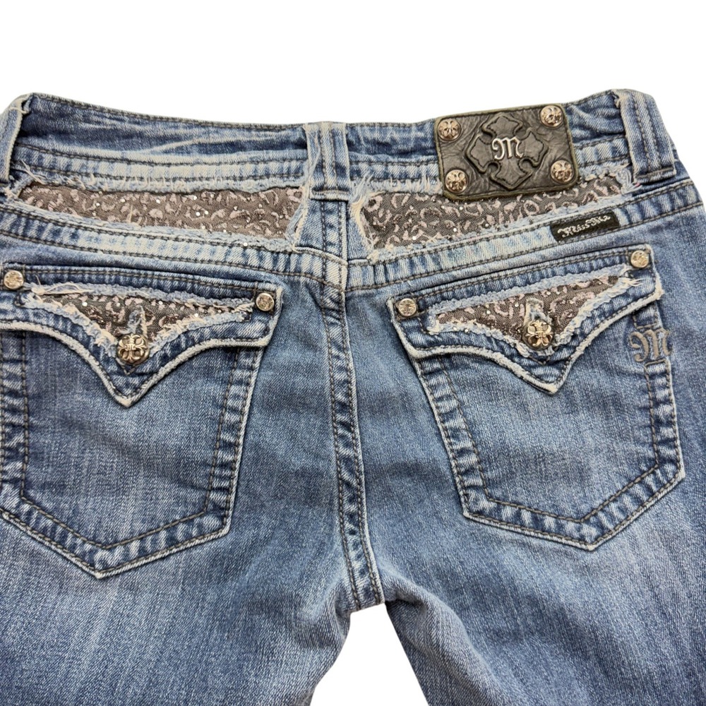 Miss Me Womens Jeans 32 Bootcut Blue Low Rise Distressed Embellished JP5002 - Picture 8 of 16